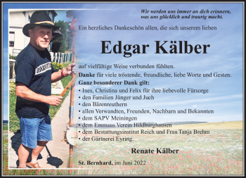 Traueranzeige von Edgar Kälber von Südthüringer Presse