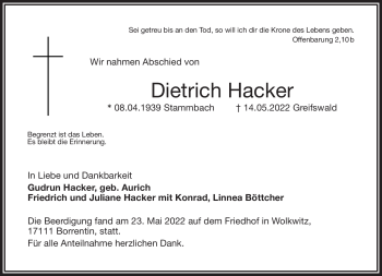 Traueranzeige von dietrich Hacker von Frankenpost