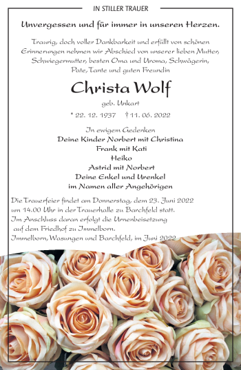 Traueranzeige von Christa Wolf von Südthüringer Presse