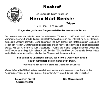 Traueranzeige von Karl Benker von Frankenpost