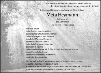 Traueranzeige von Meta Heymann von Südthüringer Presse