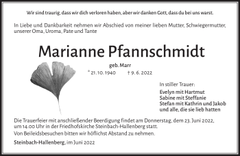 Traueranzeige von Marianne Pfannschmidt von Südthüringer Presse