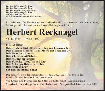 Traueranzeige von Herbert Recknagel von Südthüringer Presse