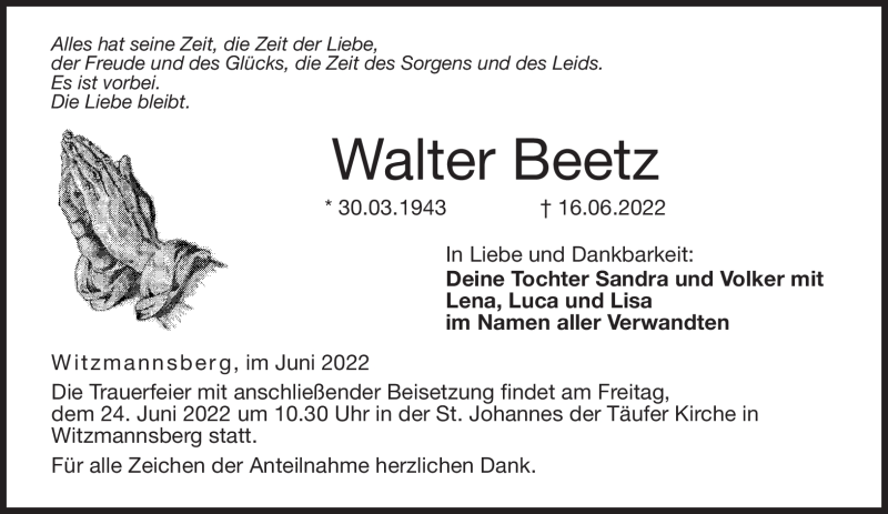  Traueranzeige für Walter Beetz vom 21.06.2022 aus Neue Presse Coburg