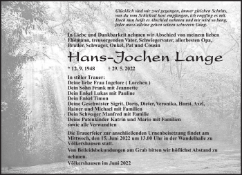 Traueranzeige von Hans-Jochen Lange von Südthüringer Presse