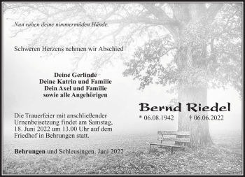 Traueranzeige von Bernd Riedel von Südthüringer Presse