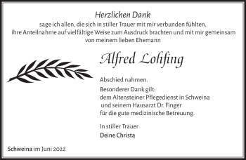 Traueranzeige von Alfred Lohfing von Südthüringer Presse