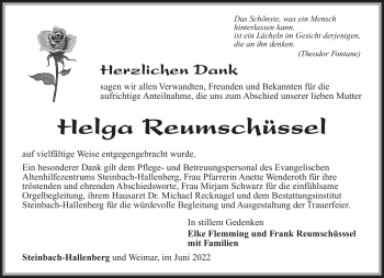 Traueranzeige von Helga Reumschüssel von Südthüringer Presse