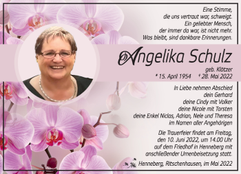 Traueranzeige von Angelika Schulz von Südthüringer Presse