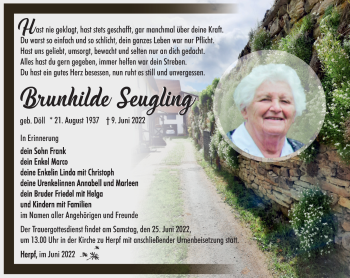 Traueranzeige von Brunhilde Seugling von Südthüringer Presse