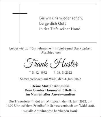 Traueranzeige von Frank Huster von Frankenpost
