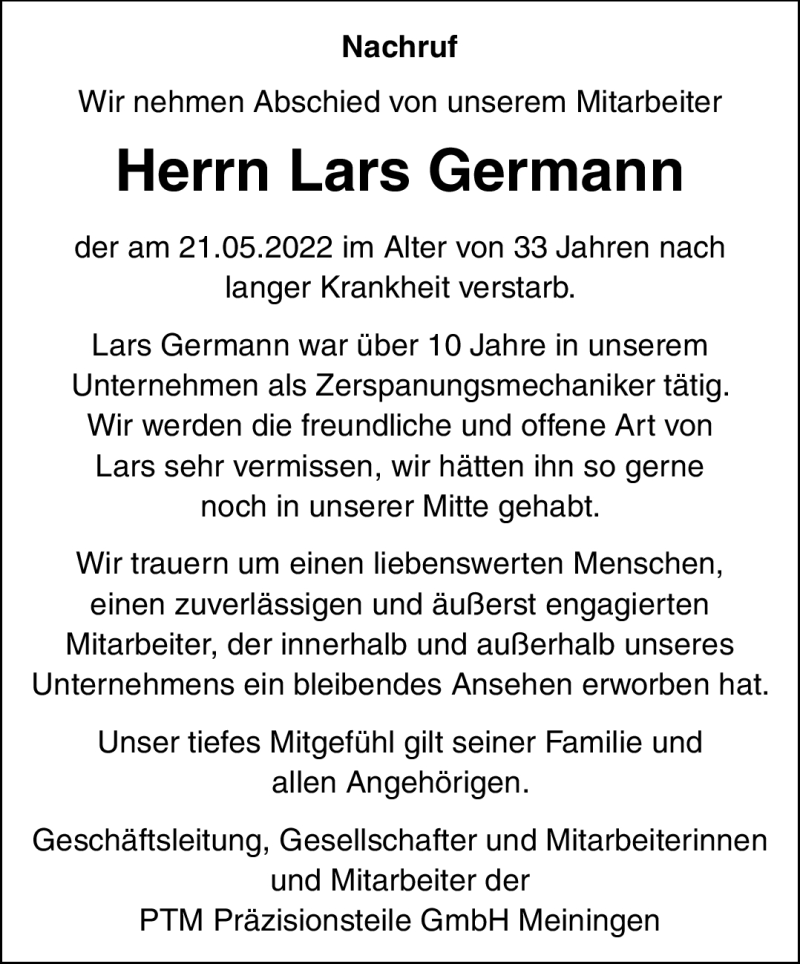  Traueranzeige für Lars Germann vom 04.06.2022 aus Südthüringer Presse
