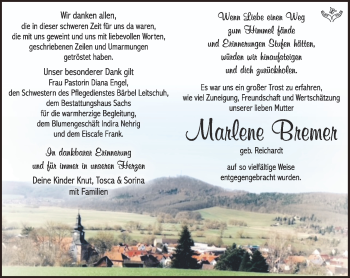 Traueranzeige von Marlene Bremer von Südthüringer Presse