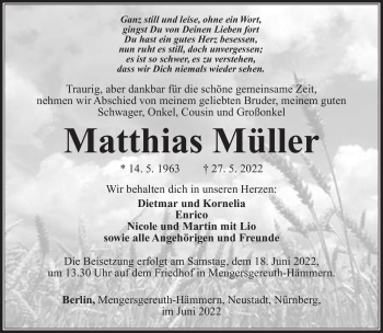Traueranzeige von Matthias Müller von Südthüringer Presse