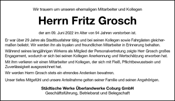 Traueranzeige von Fritz Grosch von Neue Presse Coburg