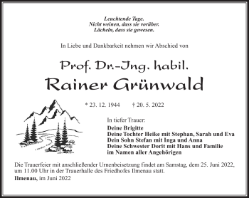 Traueranzeige von Rainer Grünwald von Südthüringer Presse