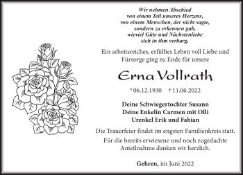 Traueranzeige von Erna Vollrath von Südthüringer Presse