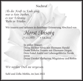 Traueranzeige von Horst Ansorg von Südthüringer Presse