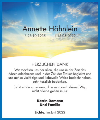 Traueranzeige von Annette Hähnlein von Südthüringer Presse