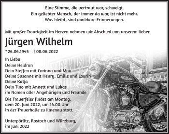 Traueranzeige von Jürgen Wilhelm von Südthüringer Presse