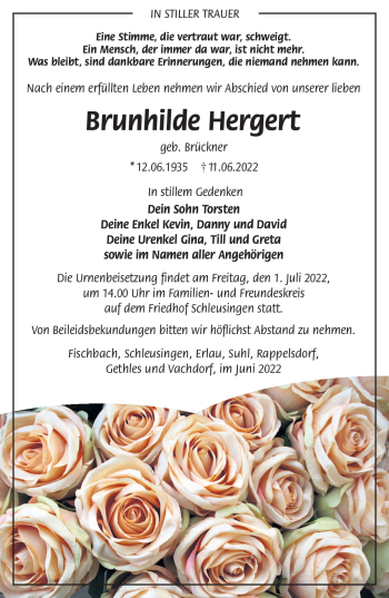 Traueranzeige von Brunhilde Hergert von Südthüringer Presse