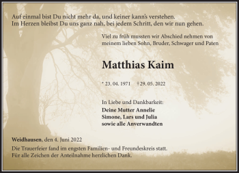 Traueranzeige von Matthias Kaim von Neue Presse Coburg
