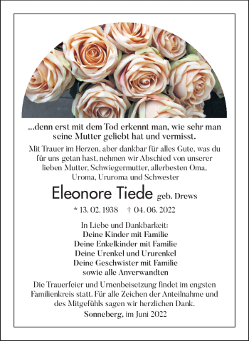 Traueranzeige von Eleonore Tiede von Südthüringer Presse