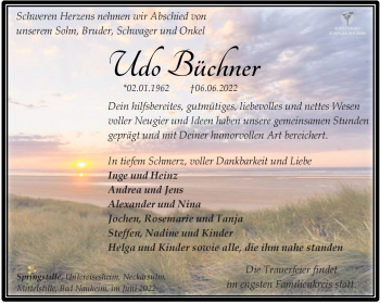 Traueranzeige von Udo Büchner von Südthüringer Presse