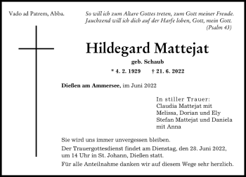 Traueranzeige von Hildegard Mattejat von Frankenpost