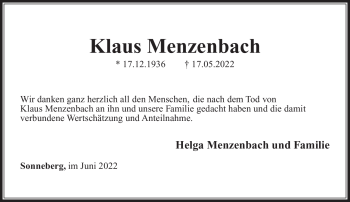 Traueranzeige von Klaus Menzenbach von Südthüringer Presse