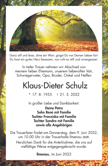 Traueranzeige von Klaus-Dieter Schulz von Südthüringer Presse