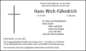 Traueranzeige von Hans Wich-Fähndrich von Neue Presse Coburg