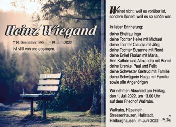 Traueranzeige von Heinz Wiegand von Südthüringer Presse