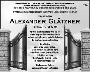 Traueranzeige von Alexander Glätzner von Südthüringer Presse