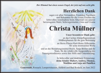 Traueranzeige von Christa Müllner von Südthüringer Presse