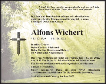Traueranzeige von Alfons Wichert von Südthüringer Presse