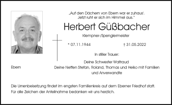 Traueranzeige von Herbert Güßbacher von Neue Presse Coburg