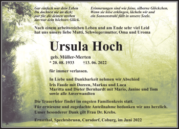Traueranzeige von Ursula Hoch von Südthüringer Presse