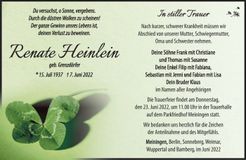 Traueranzeige von Renate Heinlein von Südthüringer Presse