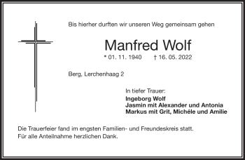 Traueranzeige von Manfred Wolf von Frankenpost