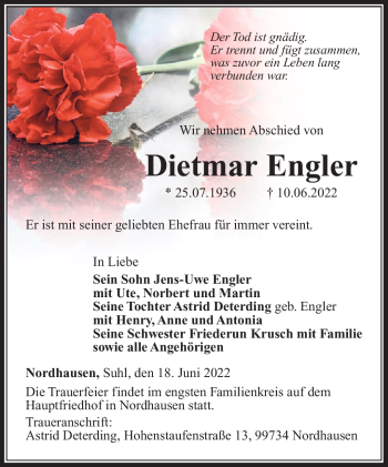 Traueranzeige von Dietmar Engler von Südthüringer Presse