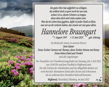 Traueranzeige von Hannelore Braungart von Südthüringer Presse