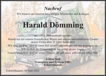 Traueranzeige von Harald Dömming von Südthüringer Presse