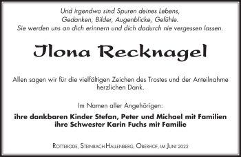 Traueranzeige von Ilona Recknagel von Südthüringer Presse