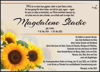 Traueranzeige von Magdalene Stadie von Südthüringer Presse