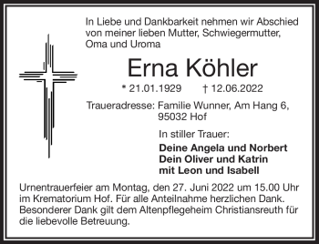 Traueranzeige von Erna Köhler von Frankenpost