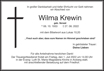 Traueranzeige von Wilma Krewin von Frankenpost