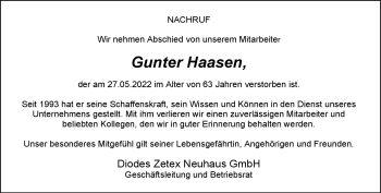Traueranzeige von Gunter Haasen von Südthüringer Presse