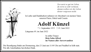 Traueranzeige von Adolf Künzel von Frankenpost