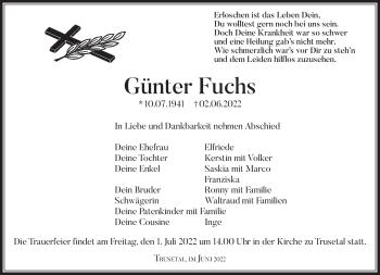 Traueranzeige von Günter Fuchs von Südthüringer Presse